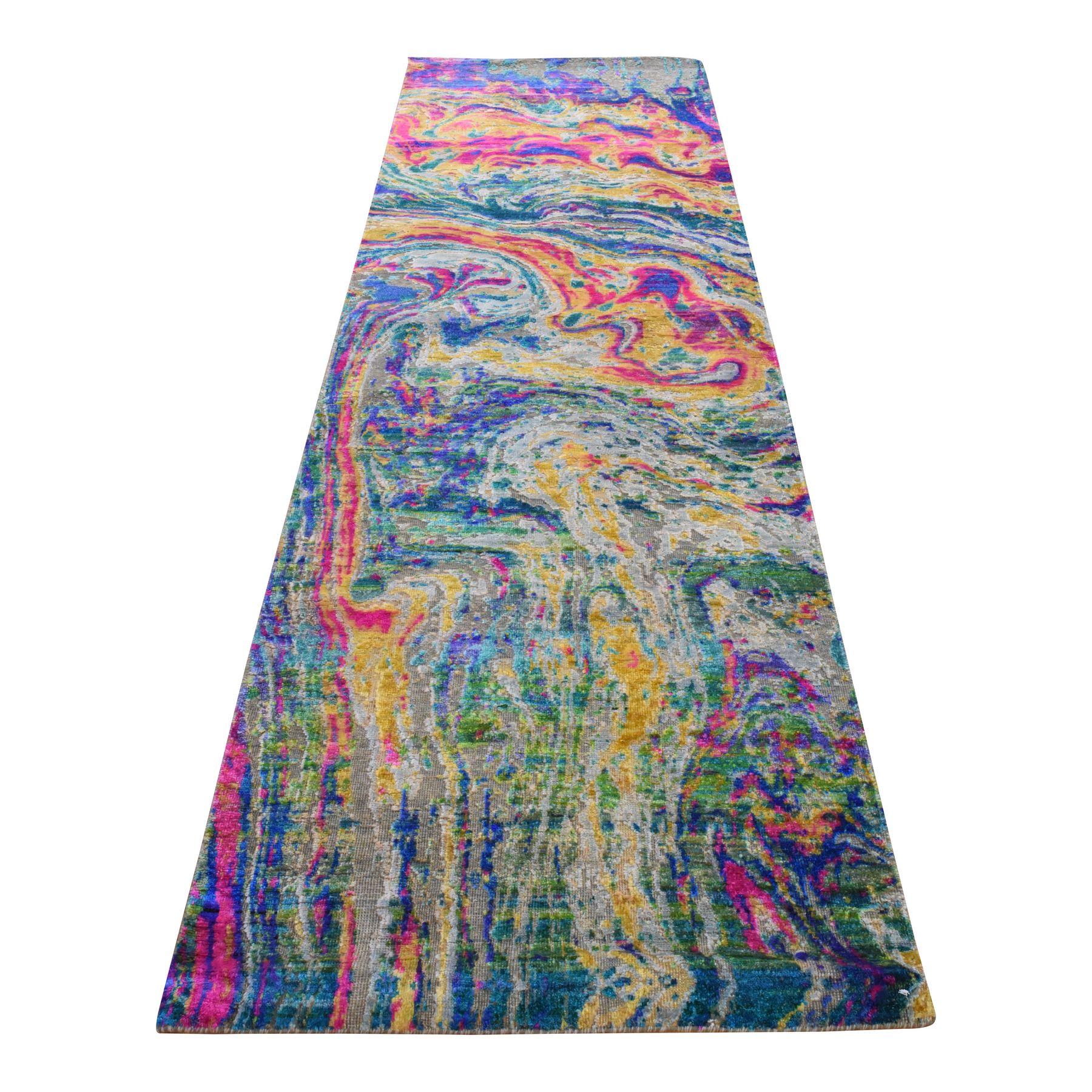 3'x10' Colorful, THE LAVA DESIGN, Hand Knotted, Sari Silk with Textured Wool, Runner, Oriental Rug 